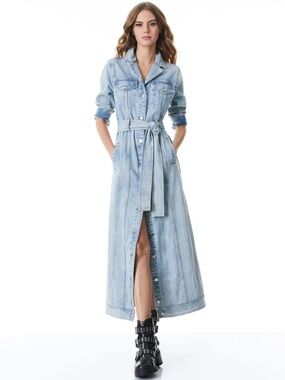 Alice + Olivia Light Blue Denim Maxi Jacket or Shirt Dress with Waist Tie Large